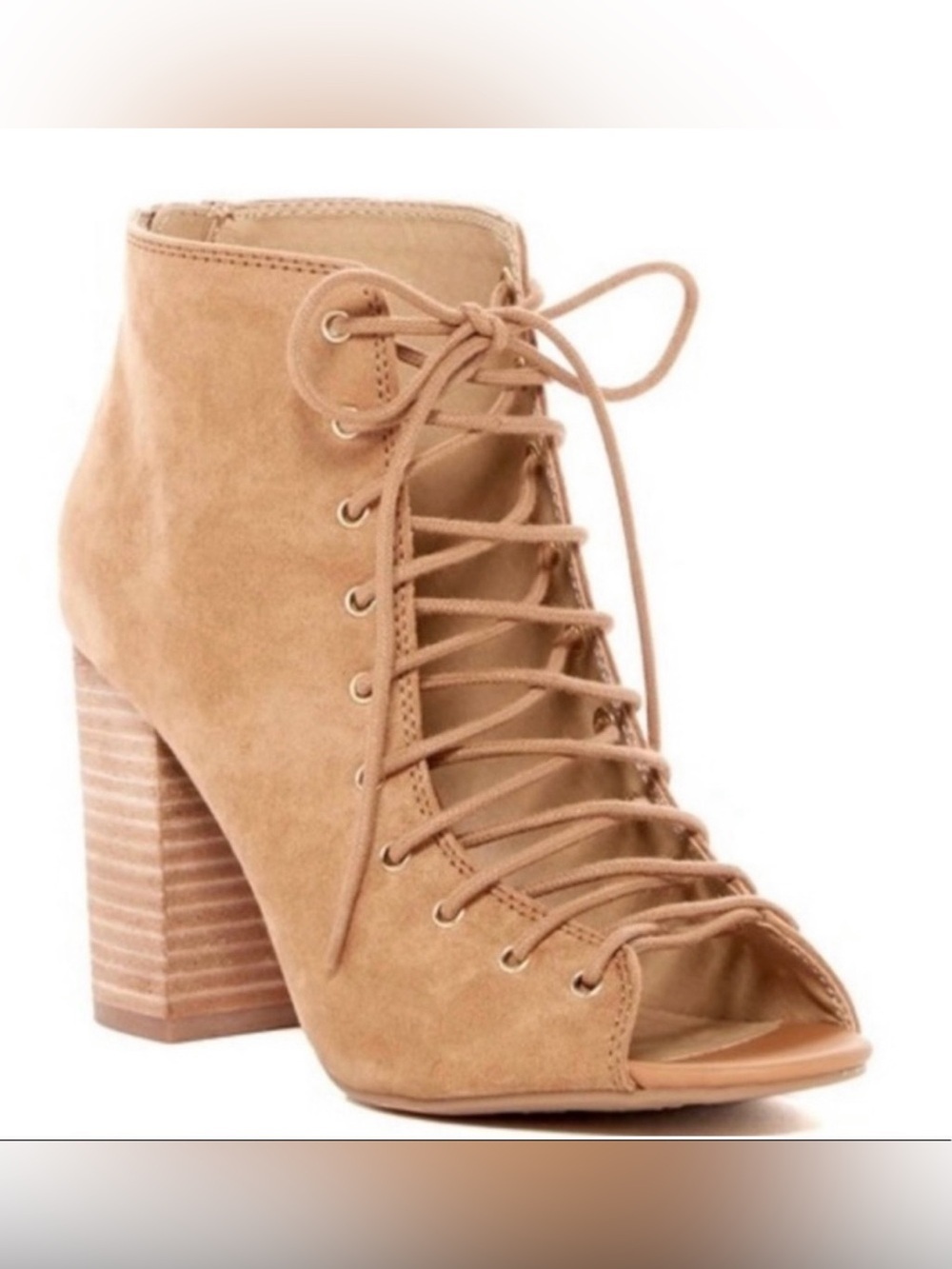 Chinese Laundry Lawless Suede Lace-Up Open Toe Booties — Tan / Caramel size 10
